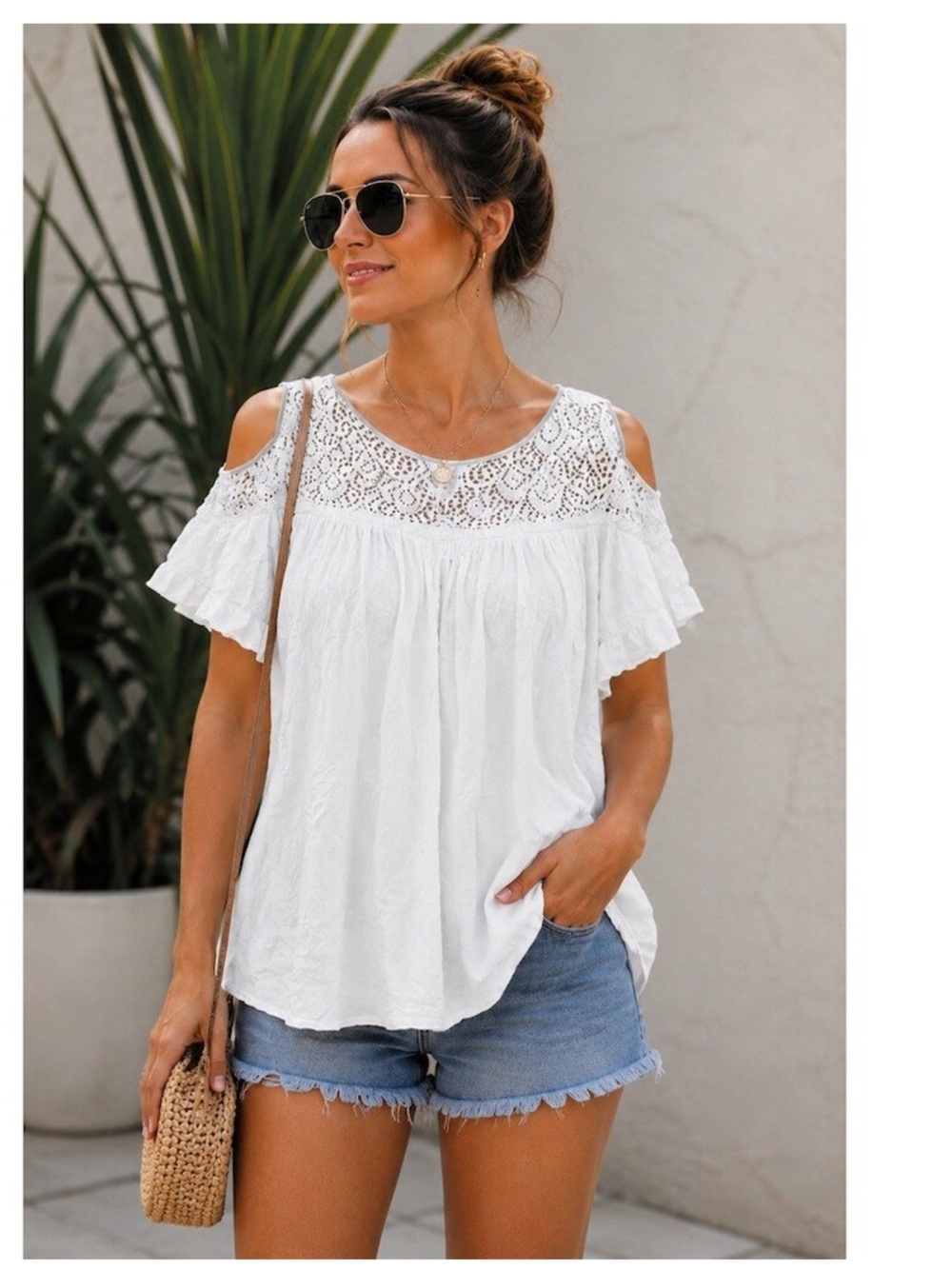 Stylus Blouse Womens XL White Lace Yoke Cold Shoulder Flutter Sleeve Boho